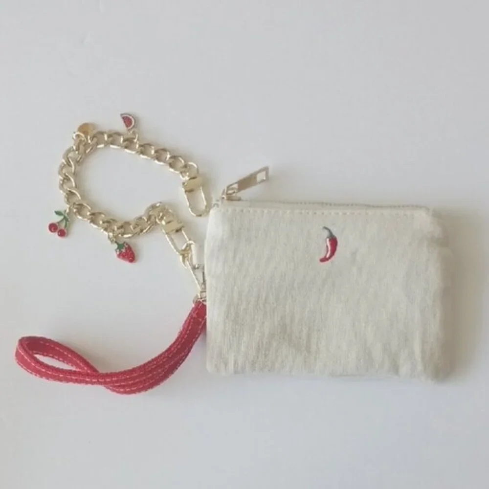 Madden Girl Charming Cream Canvas Wristlet Pouch w Strap & Metal Chain Charms